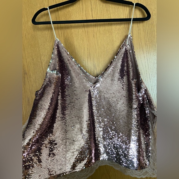 Free People Rose Gold sequin tank with lace trim - Picture 3 of 5